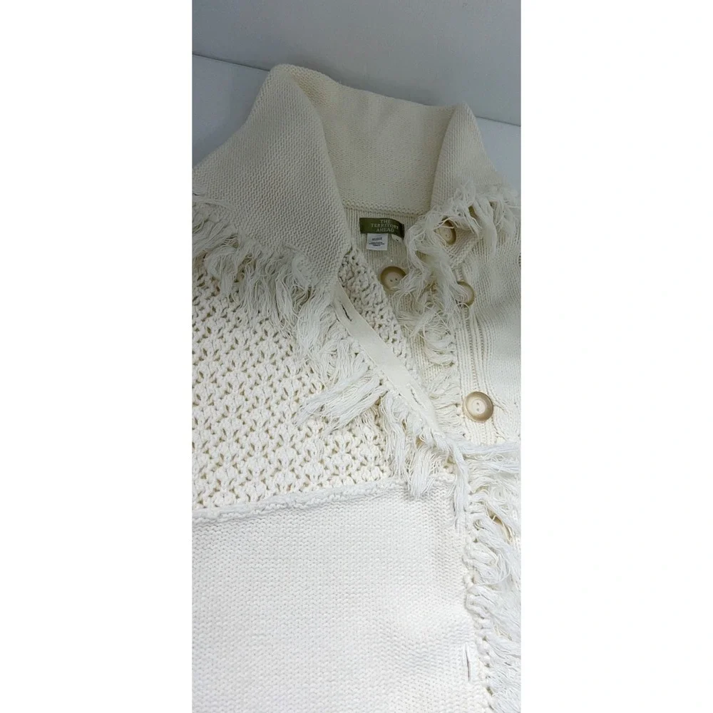 The Territory Ahead Fringe Cardigan Sweater Coat M Cream Boho Patchwork Cotton